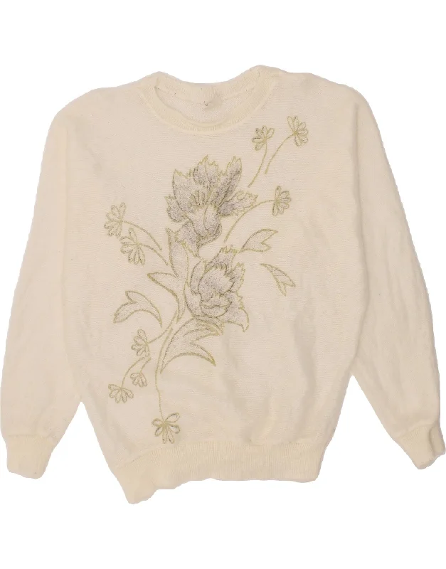 VINTAGE Womens Boat Neck Jumper Sweater UK 14 Large Off White Floral