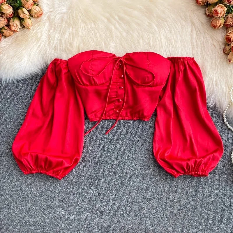 Year-End Sale Sexy off-shoulder tube top, puff-sleeved short chic top    S3967