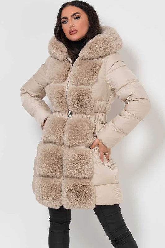 Mega Sale Long Puffer Coat With Faux Fur Hood And Trim Beige