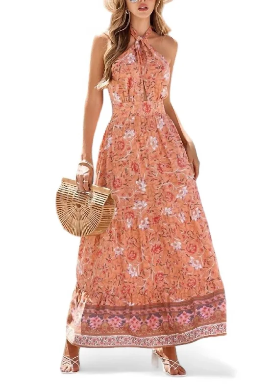 Price Drop Floral Print Halter Tie Maxi Dress In Orange Floral