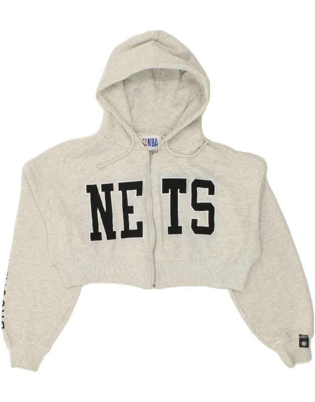 Markdown Madness PULL & BEAR Womens NBA Crop Graphic Zip Hoodie Sweater UK 16 Large Grey