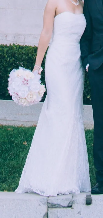Closeout Sale David's Bridal Strapless Lace Gown with Ribbon Detail / 7WG3381