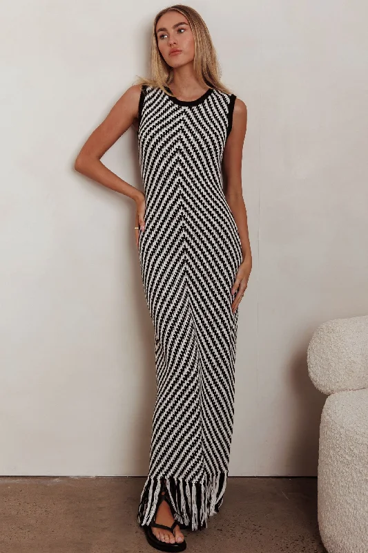 Online Only Same Place Fringed Knit Maxi Dress Black