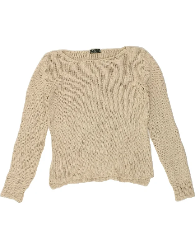 Price Drop FRED PERRY Womens Crop Boat Neck Jumper Sweater UK 10 Small Beige Cotton