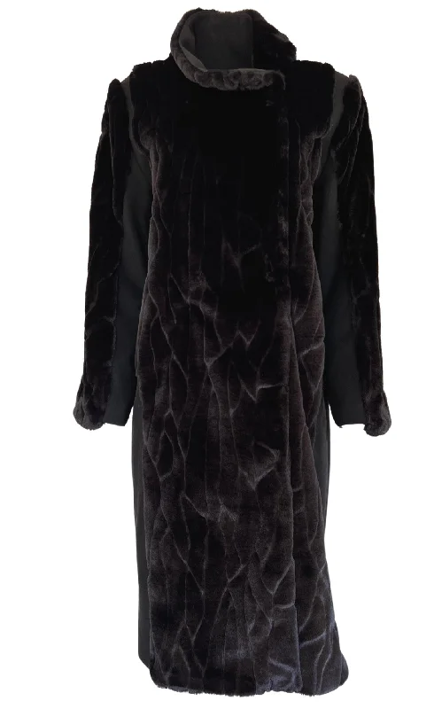 Holiday Sale Black Faux Fur Details Long Trench Coat