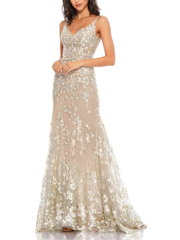 Womens Embellished Embroidered Evening Dress