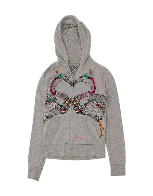 DESIGUAL Womens Graphic Zip Hoodie Sweater UK 12 Medium Grey Cotton