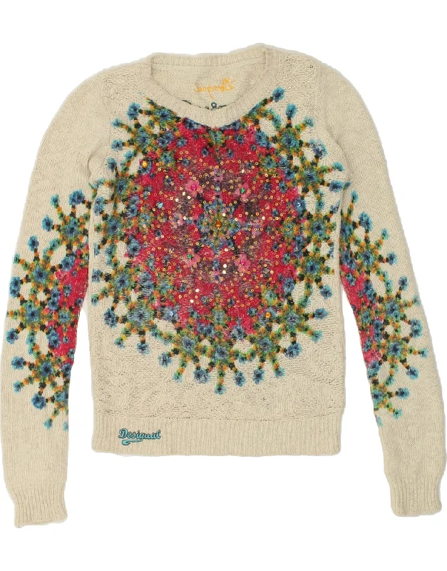 Value Deals DESIGUAL Womens Boat Neck Jumper Sweater UK 10 Small Off White Floral