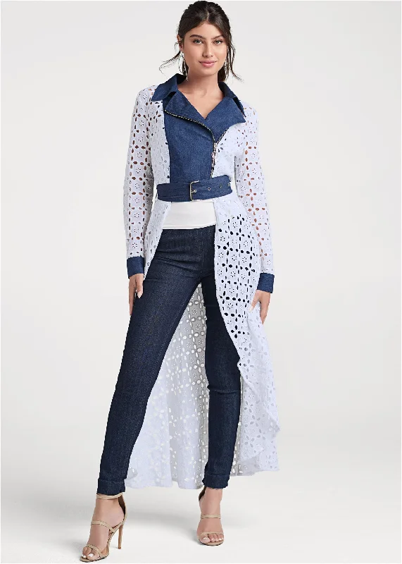 Online Only High-Low Eyelet Jacket - Indigo & White