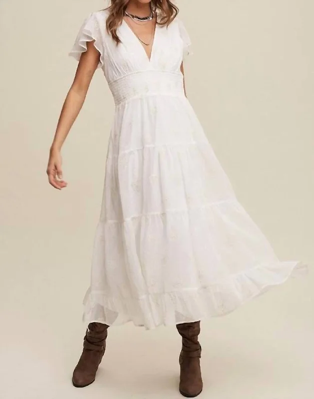 Special Savings Caroline Embroidered Flutter Sleeve Maxi Dress In White