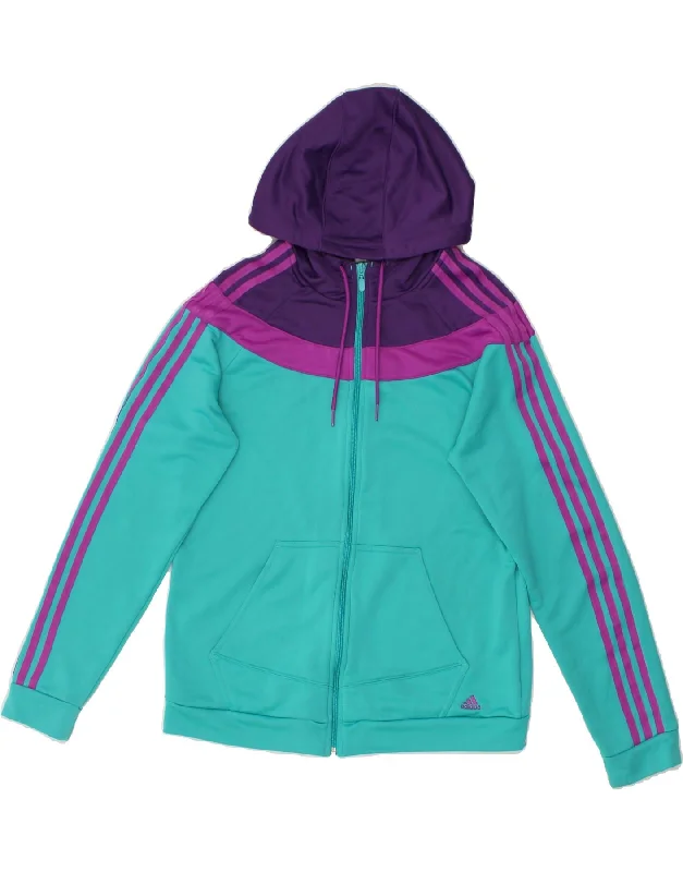 ADIDAS Womens Zip Hoodie Sweater UK 16 Large Turquoise Colourblock