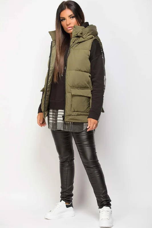 Mega Sale Padded Gilet With Belt And Detachable Hood Khaki