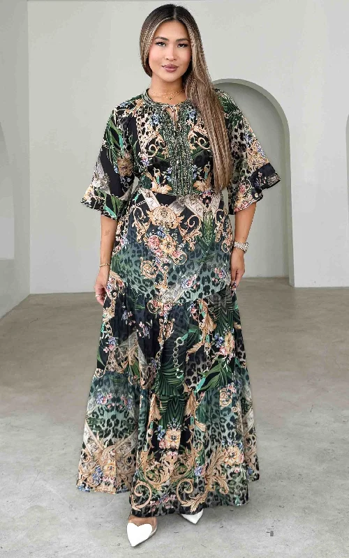 Limited Time Jocosa Gem Embellished Maxi Dress - Black Green Multi Print