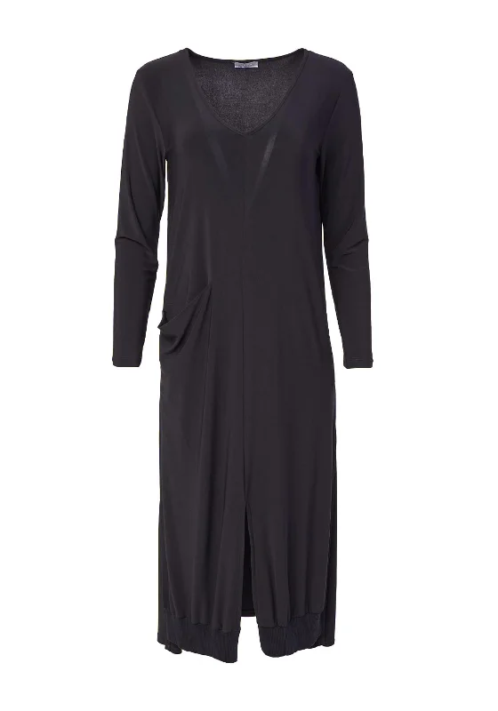 Naya V-Neckline, Draped Pocket Midi Dress, Black