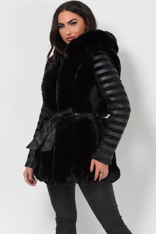 Mega Sale Faux Fur Faux Leather Hooded Panelled Sleeve Jacket Black