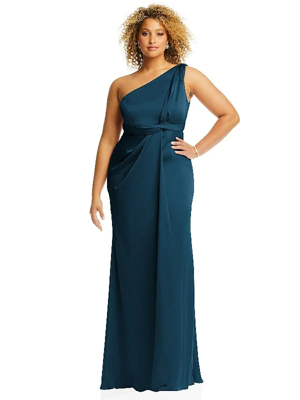 One-Shoulder Draped Twist Empire Waist Trumpet Gown