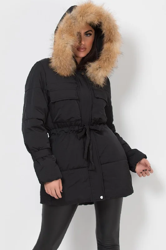 Can't Be Beat Real Fur Hood Coat With Drawstring Waist Black