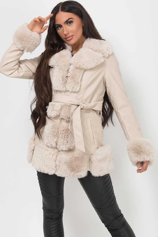 Bonus Savings Faux Fur Trim Faux Leather Coat With Belt Beige