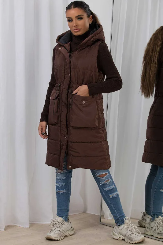 Quick Sale Padded Gilet With Drawstring Waist Longline Brown