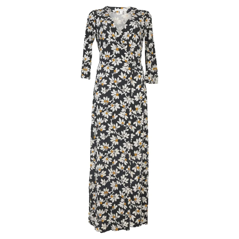 Diane von Furstenberg Floral Print Long Dress in Black Viscose