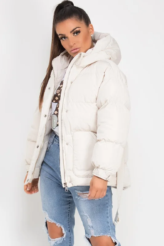 Sneak Peek Sale Puffer Padded Jacket With Belt Beige