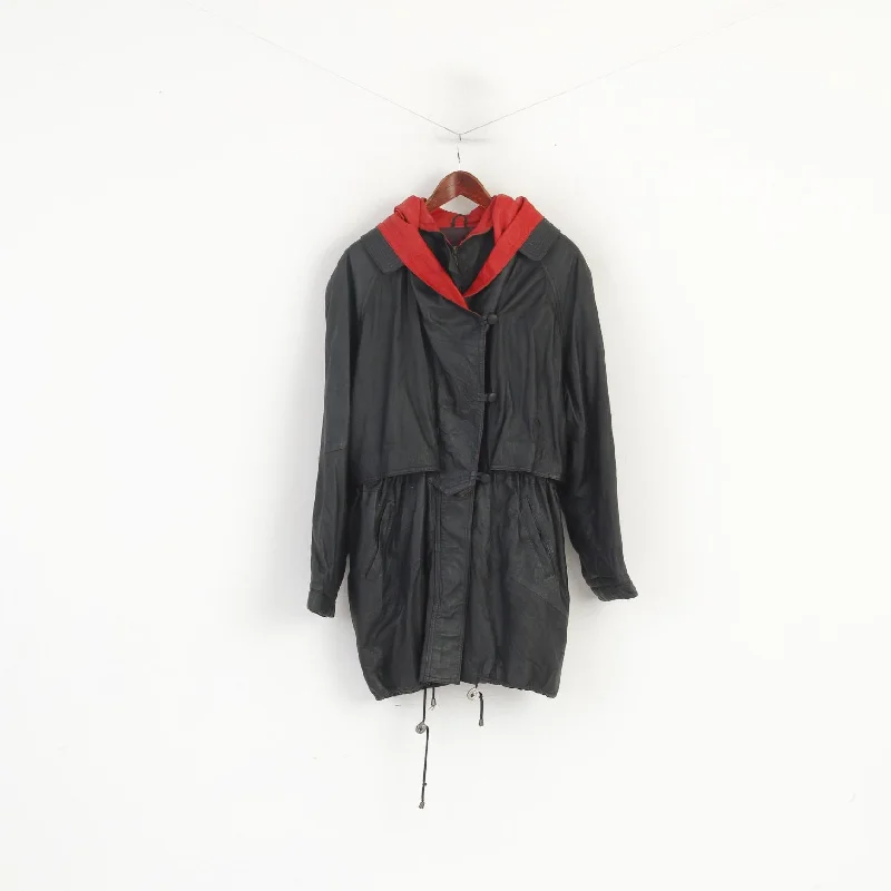 Extra Savings Vintage Women L Leather Jacket Black Red Hood Shoulder Pads Retro Style Parka