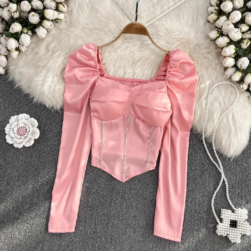 Closeout Square Neck Long Sleeve Diamond Waist Women’s Fashionable Short Top      S4242