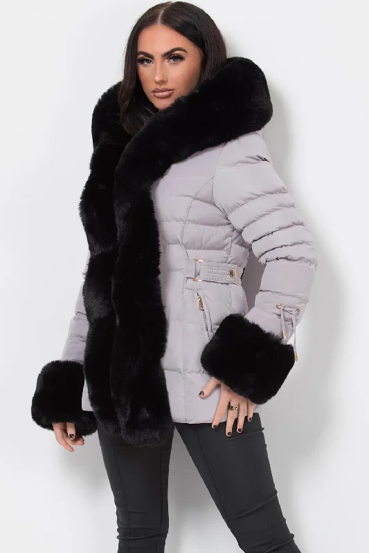 Special Price Grey Puffer Coat With Faux Fur Hood And Cuff