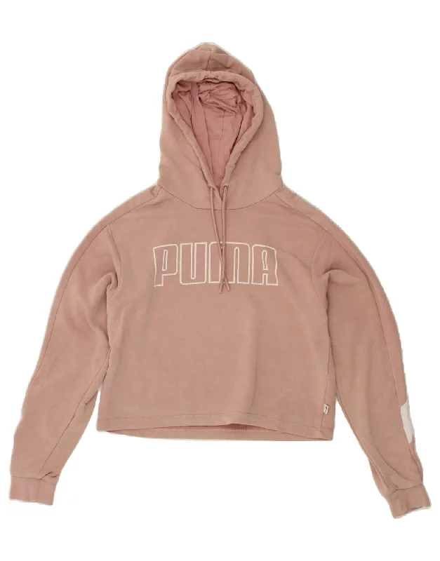 Price Blitz PUMA Womens Oversized Crop Graphic Hoodie Jumper UK 6 XS Pink Colourblock