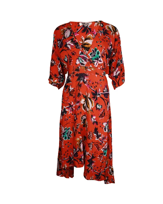 Factory Direct Sale Diane Von Furstenberg Floral Wrap Dress in Orange Silk