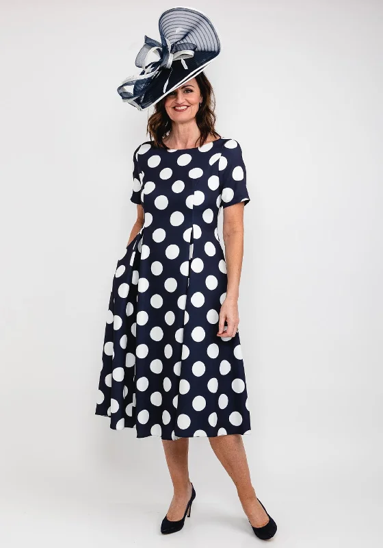 Last Chance Coco Doll Cade Box Pleat Polka Dot Midi Dress, Navy
