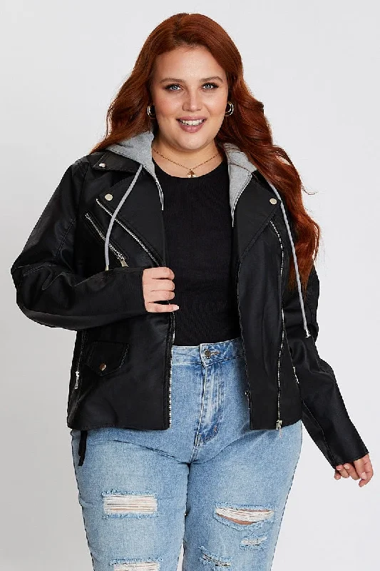 Black Jersey Insert Faux Leather Biker Jacket