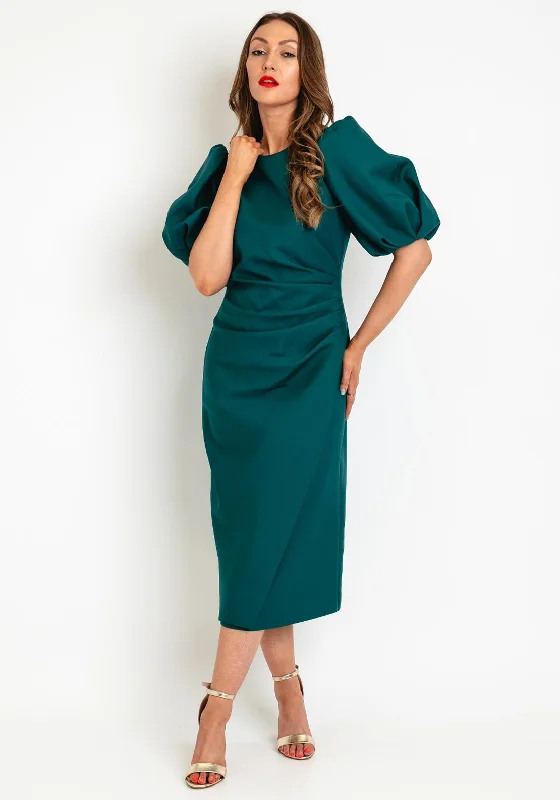 Exquise Ruched Waist Pencil Midi Dress, Forest Green