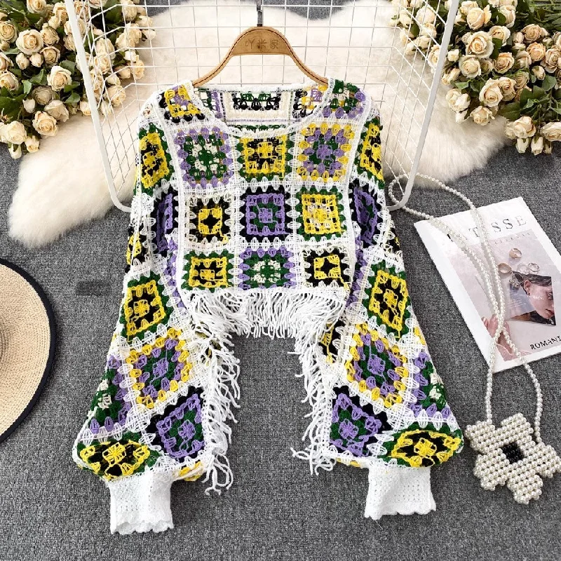 Shop and Save Fashionable lantern long-sleeved round neck tassel short sweater blouse for women casual top     S4141