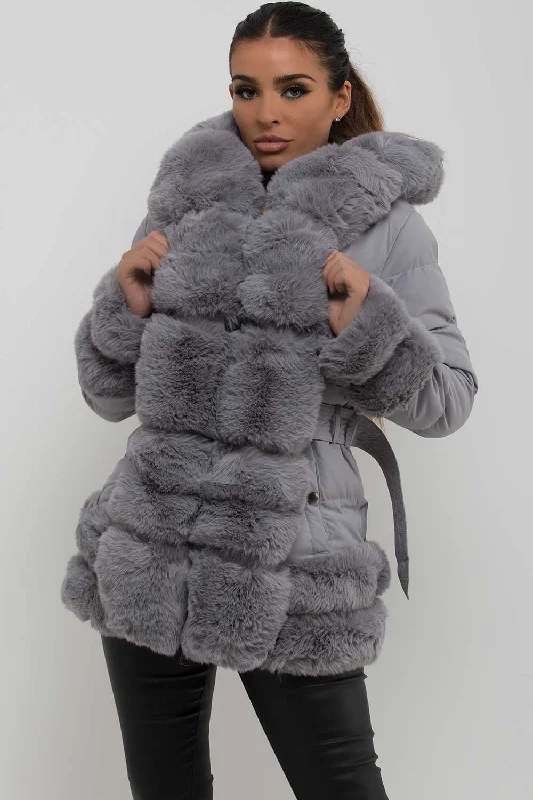 New Markdowns Puffer Jacket With Fur Hood Cuff And Trim Grey