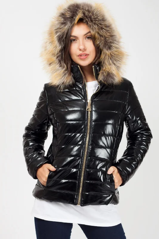 Best Bargains Black Shiny Puffer Faux fur Hood Coat