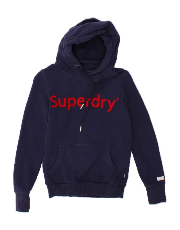 SUPERDRY Womens Graphic Hoodie Jumper UK 6 XS Navy Blue Cotton