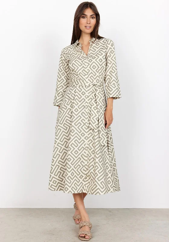 Don't Wait Soyaconcept Kirsty Maze Print Shirt Dress, Dusty Green