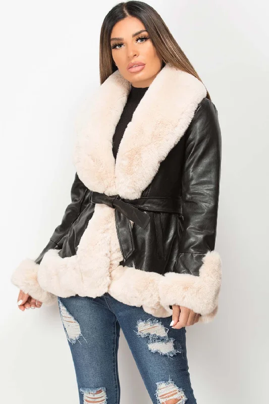 Weekend Deal Faux Leather Belted Jacket With Cream Faux Fur