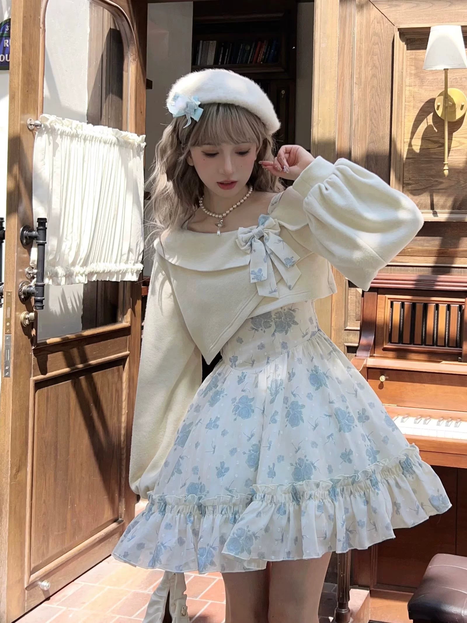 blue short dress+white sweater