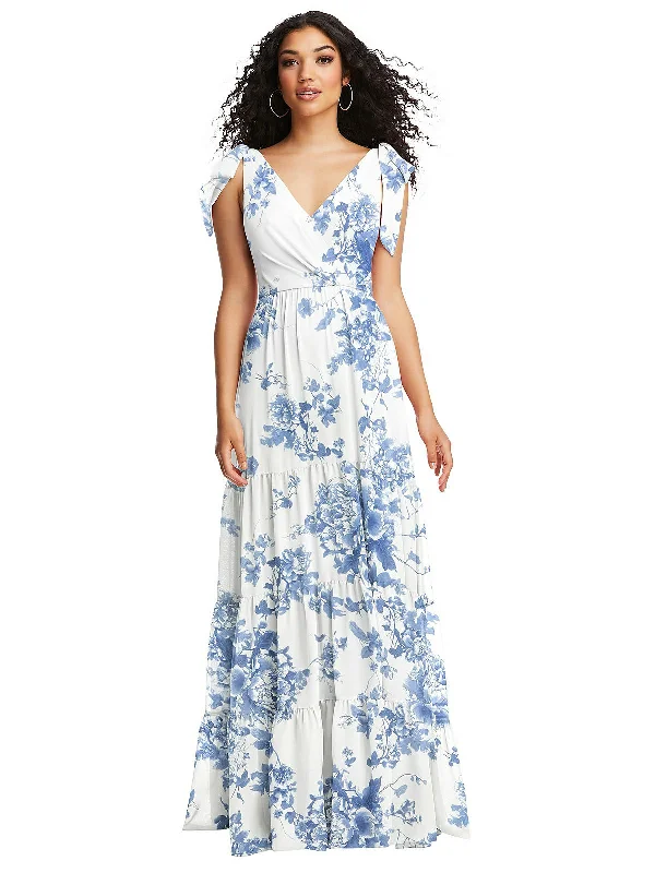 Bow-Shoulder Faux Wrap Maxi Dress with Tiered Skirt