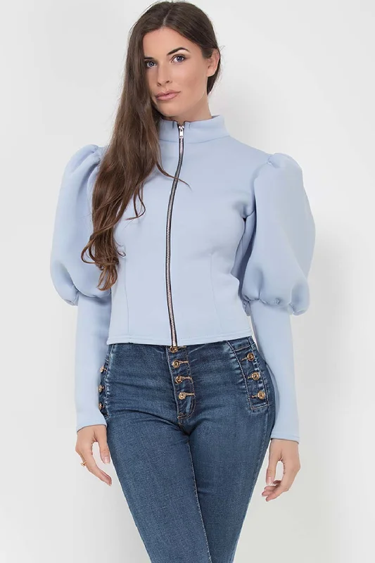 Price Cut Puff Sleeve Zip Up Jacket Sky Blue
