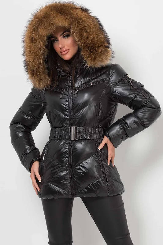 Real Fur Hood Puffer Jacket With Belt Black