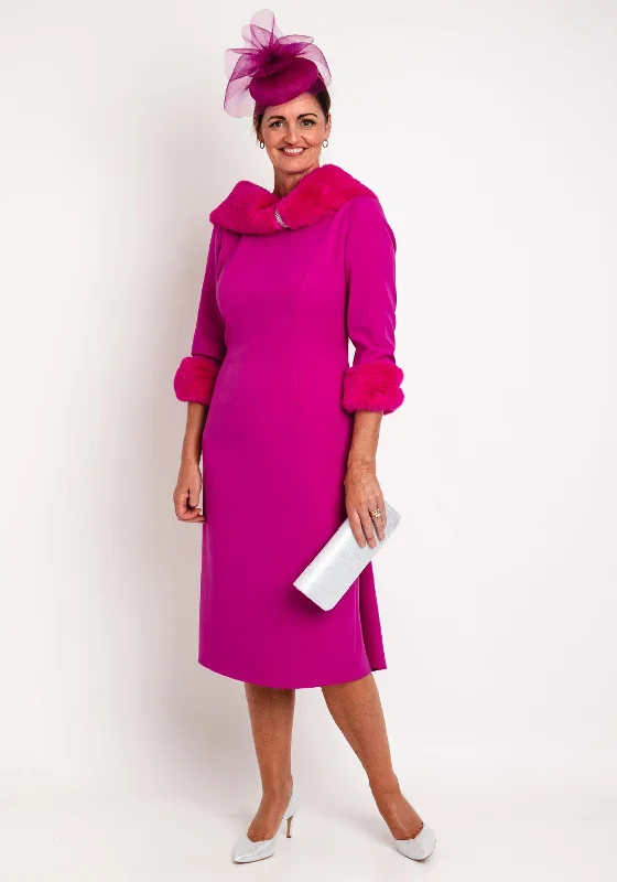 Gabriela Sanchez Faux Fur Trim Midi Dress, Fuchsia