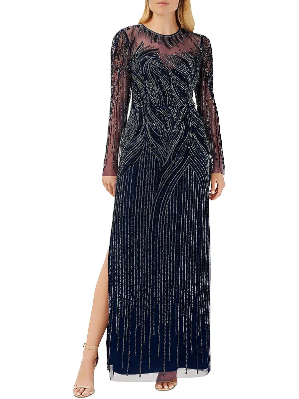 Womens Beaded Long Sleeve Evening Dress