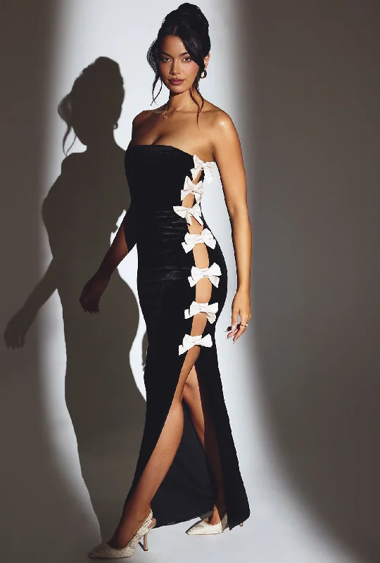 Price Rollback Velvet Bow Detail Maxi Dress in Jet Black