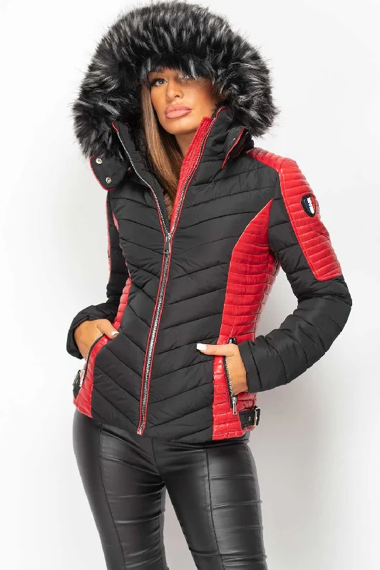 Special Buy Puffer Coat With Faux Fur Black And Red