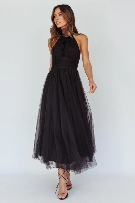 Act Now Andria Halterneck Tulle Midi Dress Black
