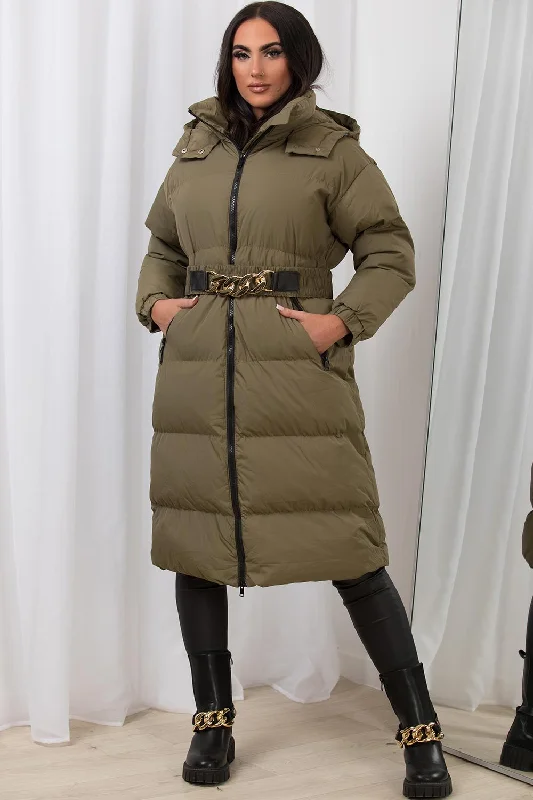 Khaki Long Puffer Padded Coat With Gold Chain Belt