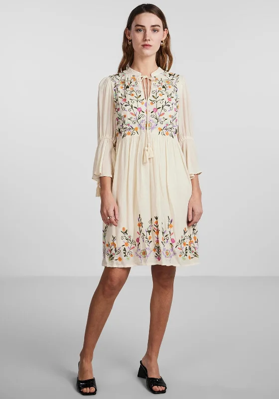 Y.A.S Chella Embroidered Mini Smock Dress, Birch